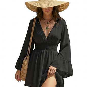 Women's V-Neck Bell Sleeve Smocked Mini Dress Beach Cover-Up Casual Dress