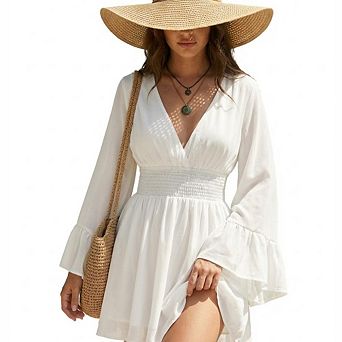 Women's V-Neck Bell Sleeve Smocked Mini Dress Beach Cover-Up Casual Dress