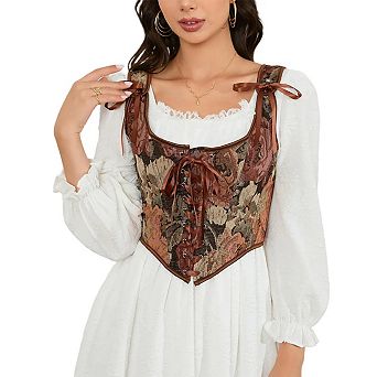 Women's Vintage Floral Corset Lace-Up Fishbone Print Vest Renaissance pirate costume