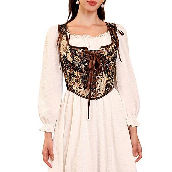Women's Vintage Floral Corset Lace-Up Fishbone Print Vest Renaissance pirate costume