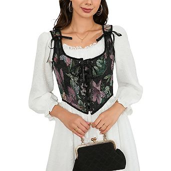 Women's Vintage Floral Corset Lace-Up Fishbone Print Vest Renaissance pirate costume