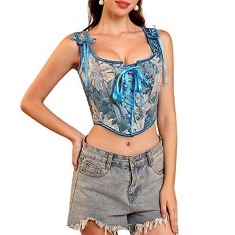 Women's Vintage Floral Corset Lace-Up Fishbone Print Vest Renaissance pirate costume