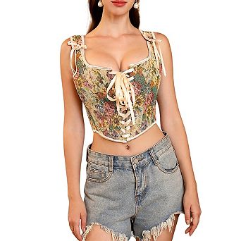 Women's Vintage Floral Corset Lace-Up Fishbone Print Vest Renaissance pirate costume