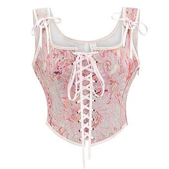 Women's Vintage Floral Corset Lace-Up Fishbone Print Vest Renaissance pirate costume