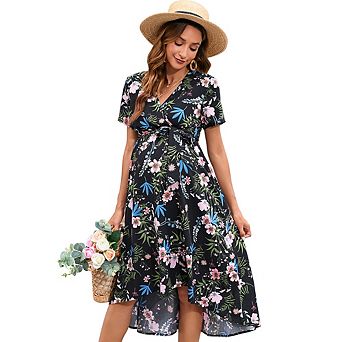 Maternity Summer Wrap V-Neck Midi Dress High Low Hem Casual Dress with Belt
