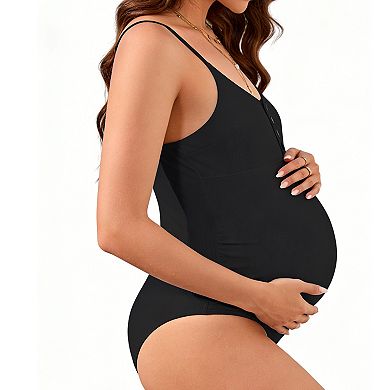 Maternity 1-Piece Swimsuit Ribbed Button Front Adjustable Straps Pregnancy Bathing Suit for Women