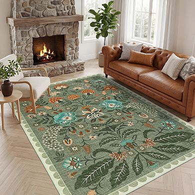 Botanical Floral Washable Rug Non Slip Indoor Soft Low Pile Non-Shedding Carpet