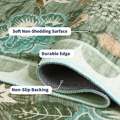 Botanical Floral Washable Rug Non Slip Indoor Soft Low Pile Non-Shedding Carpet