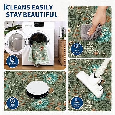 Botanical Floral Washable Rug Non Slip Indoor Soft Low Pile Non-Shedding Carpet