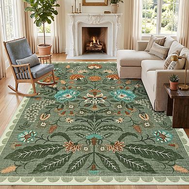 Botanical Floral Washable Rug Non Slip Indoor Soft Low Pile Non-Shedding Carpet