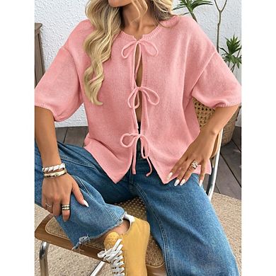 Womens Short Sleeve Cardigan Sweaters Elegant Bow Tie Ribbed Knit Sweater Tops