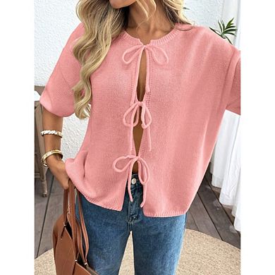 Womens Short Sleeve Cardigan Sweaters Elegant Bow Tie Ribbed Knit Sweater Tops