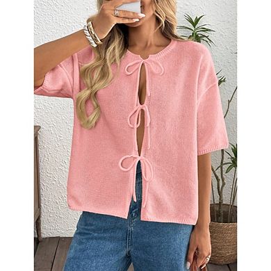 Womens Short Sleeve Cardigan Sweaters Elegant Bow Tie Ribbed Knit Sweater Tops