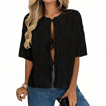 Womens Short Sleeve Cardigan Sweaters Elegant Bow Tie Ribbed Knit Sweater Tops