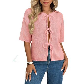 Womens Short Sleeve Cardigan Sweaters Elegant Bow Tie Ribbed Knit Sweater Tops