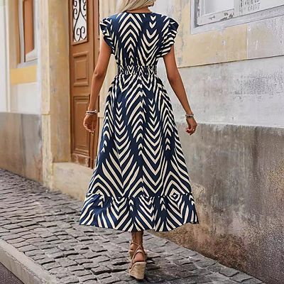 Women's V-Neck Ruffle Sleeve Smocked Waist Chevron Print Maxi Dress Boho Beach  Dress