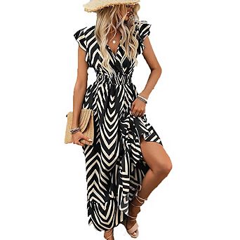 Women's V-Neck Ruffle Sleeve Smocked Waist Chevron Print Maxi Dress Boho Beach Dress