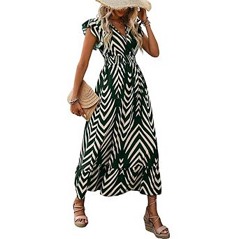 Women's V-Neck Ruffle Sleeve Smocked Waist Chevron Print Maxi Dress Boho Beach Dress