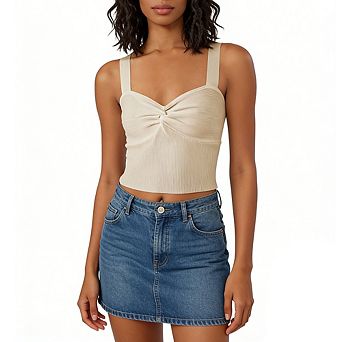 Women's Twist Front Ribbed Crop Tank Top Wide Strap Sweetheart Neck Sleeveless Crop Knit Top