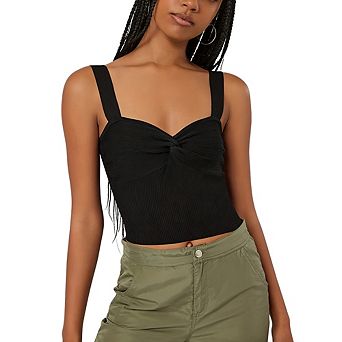 Women's Twist Front Ribbed Crop Tank Top Wide Strap Sweetheart Neck Sleeveless Crop Knit Top