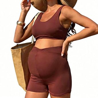 Maternity High Waist Two Piece Swimwear - Sports Tank Top with Boy Shorts