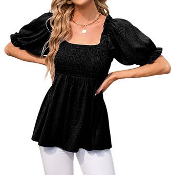 Women's Square Neck Puff Short Sleeve Blouse Smocked Waist Peplum Top