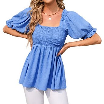 Women's Square Neck Puff Short Sleeve Blouse Smocked Waist Peplum Top