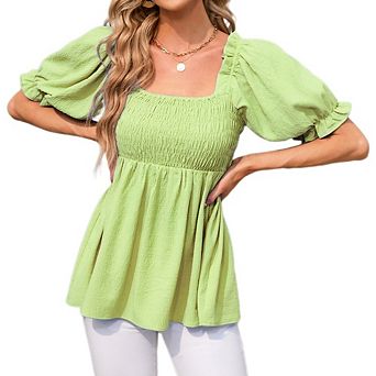 Women's Square Neck Puff Short Sleeve Blouse Smocked Waist Peplum Top