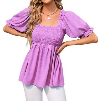Women's Square Neck Puff Short Sleeve Blouse Smocked Waist Peplum Top