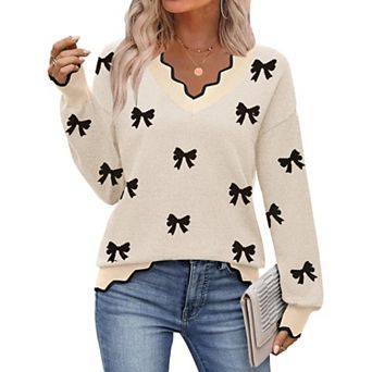 Zeagoo Women's Fall Printed Pullover Sweaters, Long Sleeve V Neck Cute Knit Sweaters