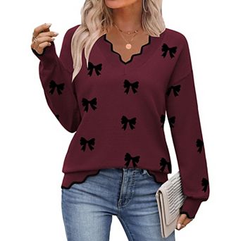 Zeagoo Women's Fall Printed Pullover Sweaters, Long Sleeve V Neck Cute Knit Sweaters