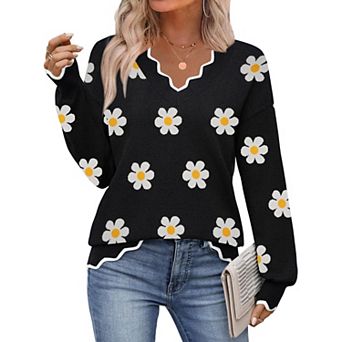 Zeagoo Women's Fall Printed Pullover Sweaters, Long Sleeve V Neck Cute Knit Sweaters