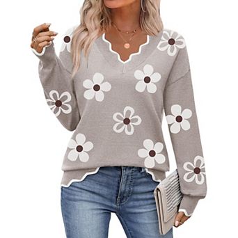 Zeagoo Women's Fall Printed Pullover Sweaters, Long Sleeve V Neck Cute Knit Sweaters