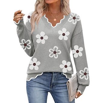 Zeagoo Women's Fall Printed Pullover Sweaters, Long Sleeve V Neck Cute Knit Sweaters