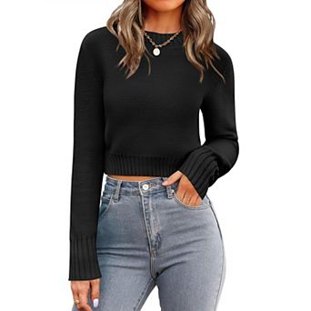 Zeagoo Women's Fall Crewneck Cropped Sweater, Trendy Long Sleeve Ribbed Knit Pullover