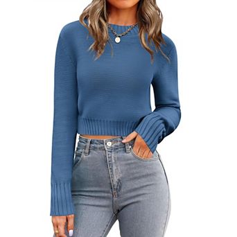 Zeagoo Women's Fall Crewneck Cropped Sweater, Trendy Long Sleeve Ribbed Knit Pullover