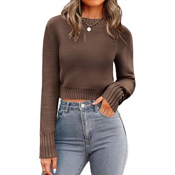 Zeagoo Women's Fall Crewneck Cropped Sweater, Trendy Long Sleeve Ribbed Knit Pullover