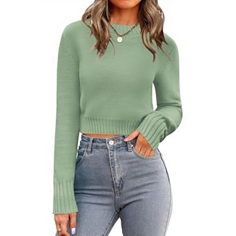 Zeagoo Women's Fall Crewneck Cropped Sweater, Trendy Long Sleeve Ribbed Knit Pullover