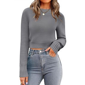Zeagoo Women's Fall Crewneck Cropped Sweater, Trendy Long Sleeve Ribbed Knit Pullover