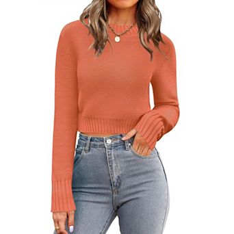 Zeagoo Women's Fall Crewneck Cropped Sweater, Trendy Long Sleeve Ribbed Knit Pullover