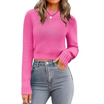 Zeagoo Women's Fall Crewneck Cropped Sweater, Trendy Long Sleeve Ribbed Knit Pullover