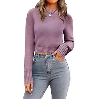 Zeagoo Women's Fall Crewneck Cropped Sweater, Trendy Long Sleeve Ribbed Knit Pullover
