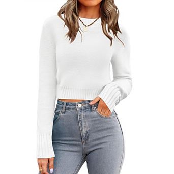 Zeagoo Women's Fall Crewneck Cropped Sweater, Trendy Long Sleeve Ribbed Knit Pullover