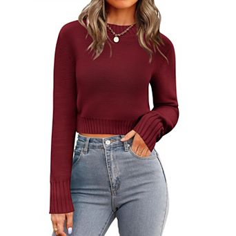 Zeagoo Women's Fall Crewneck Cropped Sweater, Trendy Long Sleeve Ribbed Knit Pullover