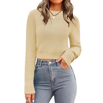 Zeagoo Women's Fall Crewneck Cropped Sweater, Trendy Long Sleeve Ribbed Knit Pullover