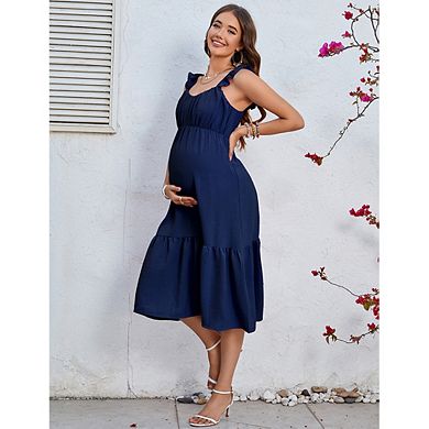 Maternity Summer Ruffle Strap Midi Dress Smocked Tiered Casual Dress