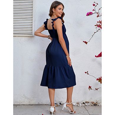 Maternity Summer Ruffle Strap Midi Dress Smocked Tiered Casual Dress