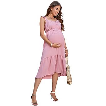 Maternity Summer Ruffle Strap Midi Dress Smocked Tiered Casual Dress