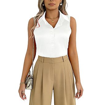 Women's Sleeveless Collared Button Down Blouse Shirt Lightweight Summer Office Casual Top