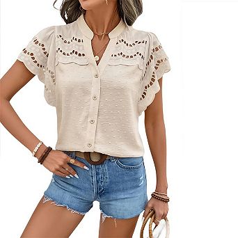 Women's Ruffle Sleeve Button Down Blouse Boho Swiss Dots Hollow Out Summer Shirts